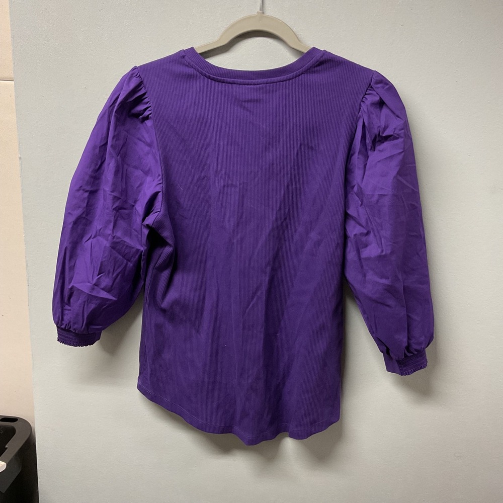 Chico's Mixed‎ Media Puff Sleeve Top Womens 1 M Purple Ribbed V-Neck 3/4 Sleeve - Picture 3 of 4